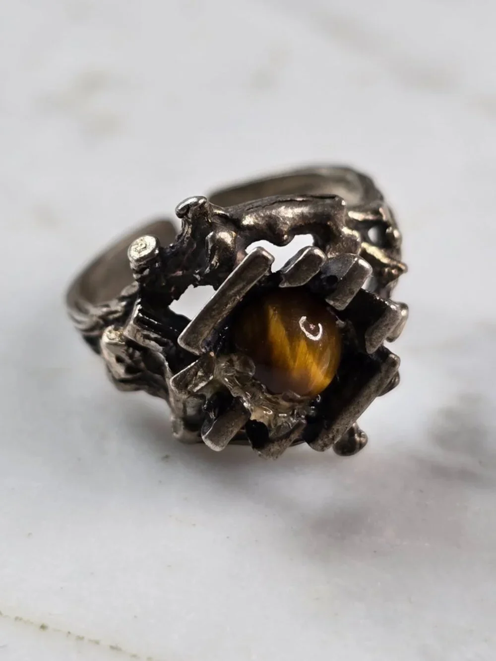 Womens Vintage Estate Sterling Silver Floral Tigers Eye Ring 4.9g E4117